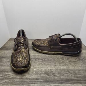 TWISTED X Embossed Tooled Brown Gold Moc Women's 11 Driving Boat Shoe WDM0070